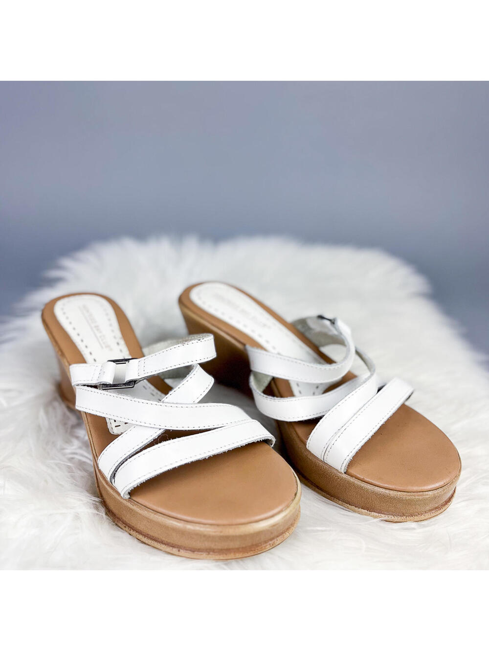 Leather Sandal Wedges | Vintage Y2K White Strappy Slip On Wedge Shoes | Size 7.5